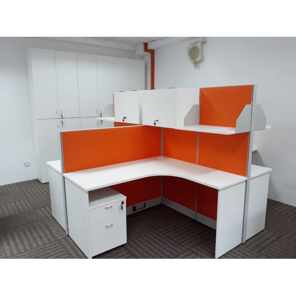 L-shaped Workstation with flipper door hanging cabinet and shelving