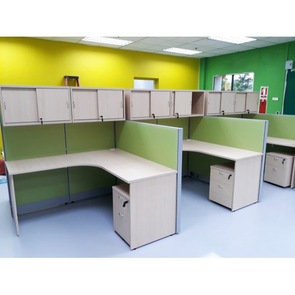 L-shaped workstation with sliding door hanging cabinet