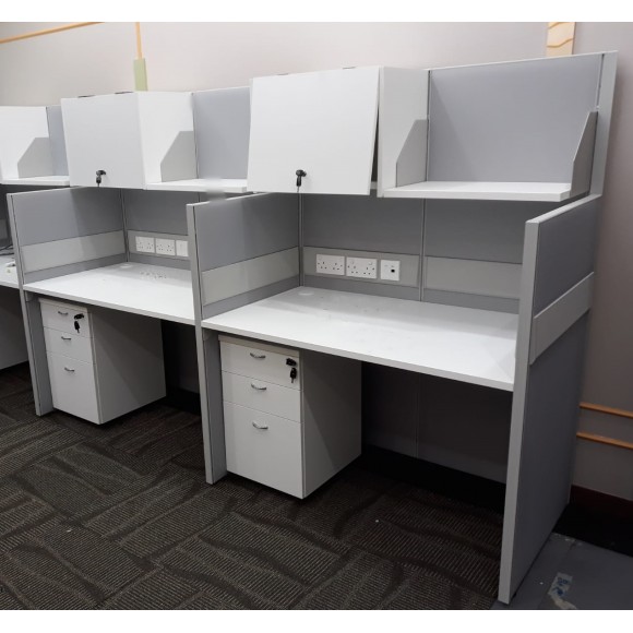 L-shaped Workstation with flipper door hanging cabinet and shelving